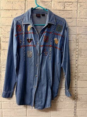 Quizz Again & Co Vintage Denim Shirt M Patchwork Embroidered Plaid Boho